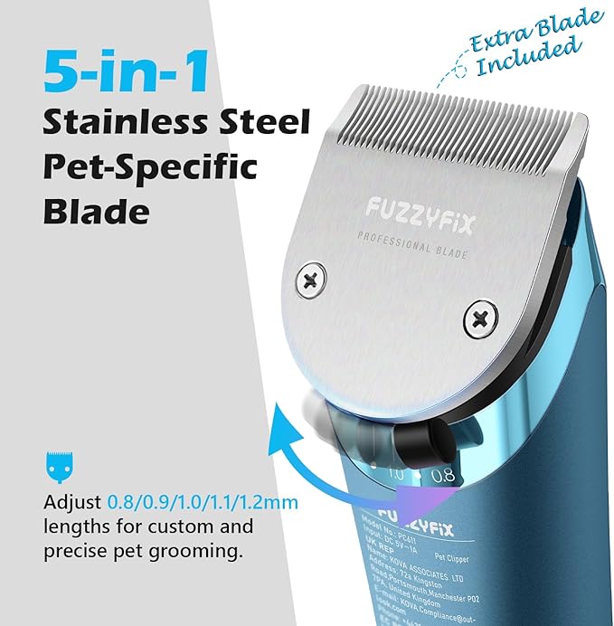 Professional Dog Grooming Clipper with Replacement Blade, 5-in-1 Adjustable A5 Blade Cordless Pet Grooming Kit 2 Speed Trimmer Hair Shaver with Detachable Metal Combs Nova for Animal Horse