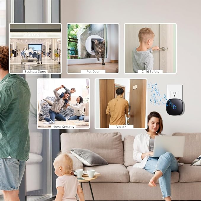 Wireless Motion Sensor Alarm Indoor, 1 PIR Detector + 1 Receiver, Movement Activated Doorbell Chime for Home Doorway/Business Entry/Garage Security/Store Entrance, Pet/Elderly/Dementia Monitor (Black)