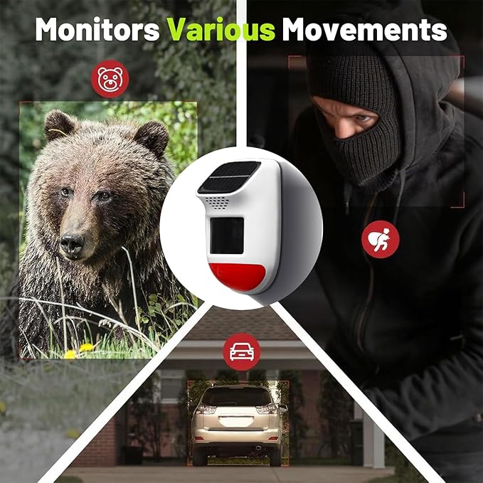 Solar Motion Sensor Alarm - 120dB IP65 Waterproof Security Siren with Remote & Strobe Light, 3 Modes for Yard/Farm/Home, 5-8m Pet-Friendly Detection (Animal Sound (Or You can add Your own Voice))