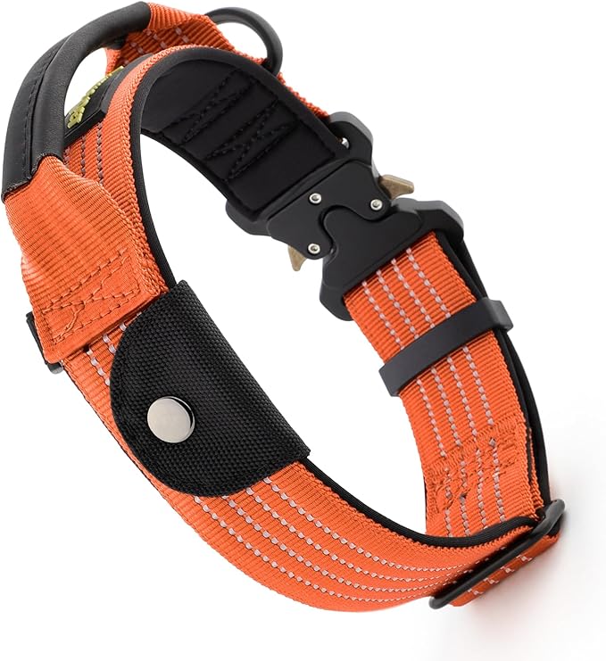 Plutus Pet Tactical Dog Collar with Tracker Packet for AirTag, Adjustable Reflective Nylon Collar, Metal Buckle, Leather-Wrapped Handle, Soft Padded for Medium Large Dogs (Orange, S)