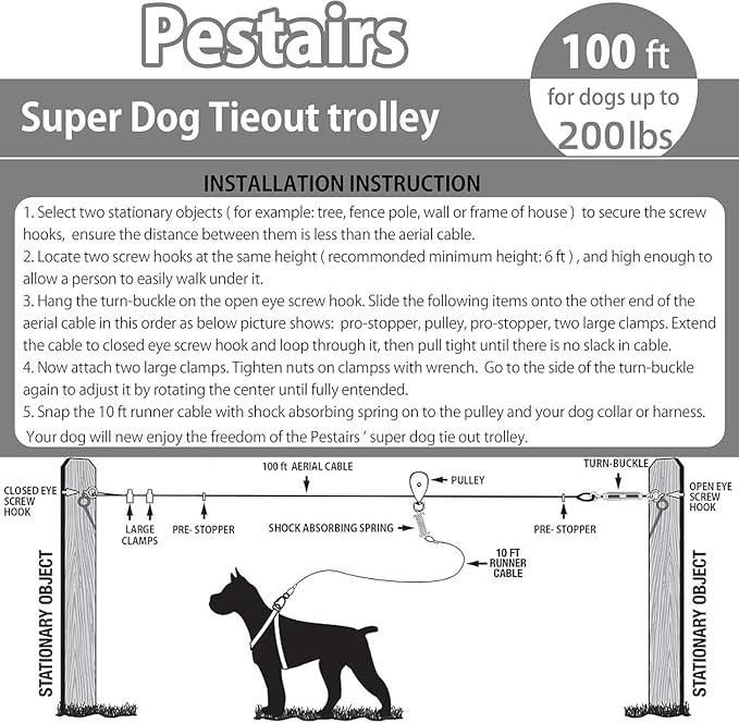 Dog Tie Out Runner with Heavy Duty Aerial Trolley System for Small to Large Dogs - 100ft Run Cable Zipline with 10ft Cable Great for Yard Camping Outdoor