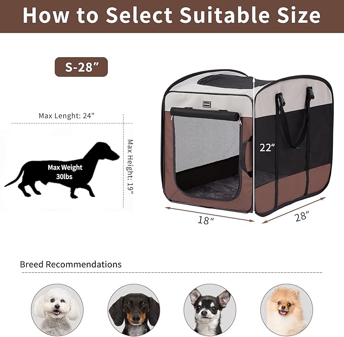 DONORO Dog Kennels and Crates for Medium Dogs, Portable Pop Up Indoor Pet Cage with Sturdy Wire Frame, Collapsible Travel Crate Soft Sided Cat Bag Escape Proof (Brown, 28.0" L x 18.0" W x 22.0" H)