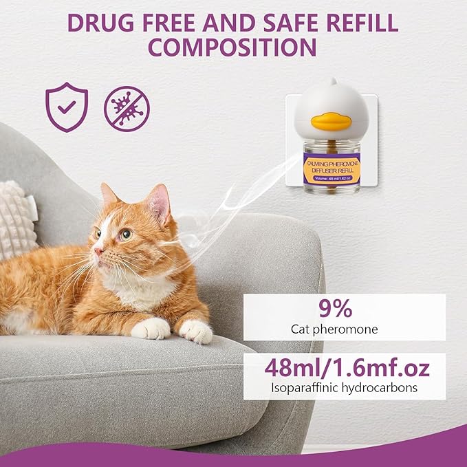 Cat Calming Pheromone Diffuser Kit, 2 Plug-Ins + 4 Refills (48ml Each), Long-Lasting Stress & Anxiety Relief, Reduces Fighting, Spraying & Scratching, Safe & Drug-Free Comfort for All Cats and Kittens