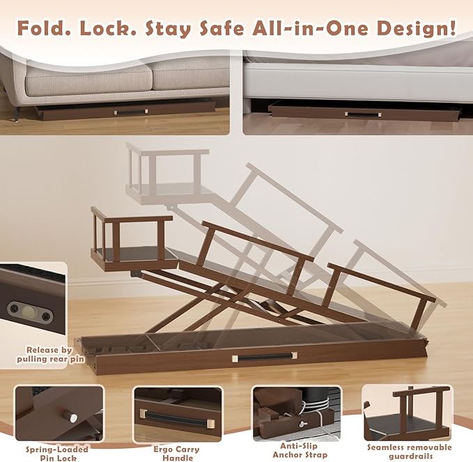 65" Foldable Dog Ramp for Bed, 6 Level(13"-32") Heavy Duty Adjustable Dog Ramp for Car Pet Ramp with EVA Non-Slip Surface, Rest Platform & Glow Strips for Large Dogs up to 200Lbs (Brown)