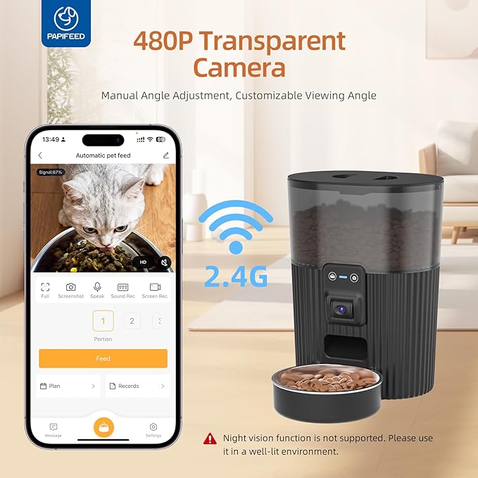 PAPIFEED Automatic Cat Feeder with Camera, Adjustable Angle 2.4G WiFi Pet Feeder,3.5L/15 Cup Timed Dispenser,Timed Feeder for Remote Feeding with Stainless Steel Bowl up to 10 Meals Per Day with APP