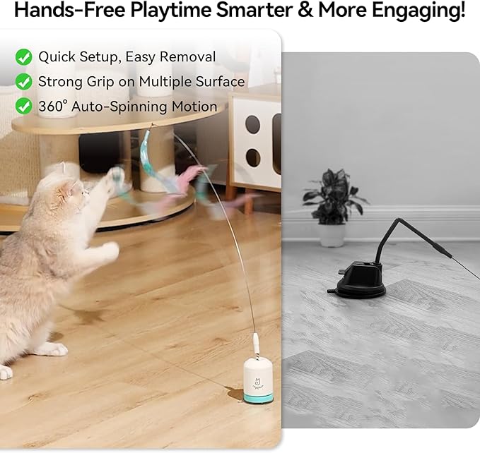 Migipaws Interactive Automatic Cat Teaser Wand Toy with Strong Suction Cup, 70cm Flexible Wire & DIY Bending Design, Rechargeable Cat Exercise Toy with Auto Timer for Indoor Cats (White)