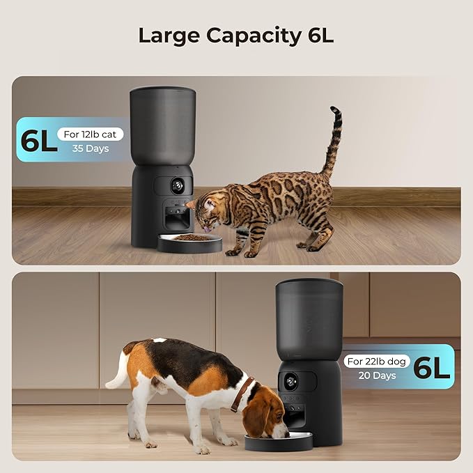 Smart Pet Feeder with Dual Camera & AI Recognition, 6L Automatic Cat Dog Feeder with App Control, 2.4G/5G WiFi, Voice Message, Pet Interaction, Motion Tracking, No Clog, Dual Power, for Multi-Pet