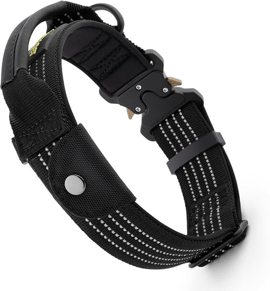Plutus Pet Tactical Dog Collar with Tracker Packet for AirTag, Adjustable Reflective Nylon Collar, Metal Buckle, Leather-Wrapped Handle, Soft Padded for Medium Large Dogs (Black, L)