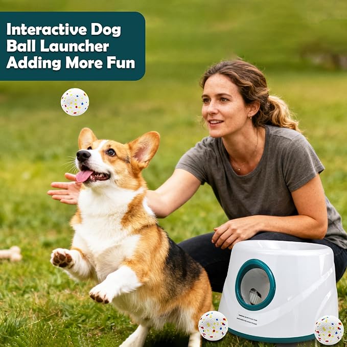 Automatic Dog Ball Launcher, Upgraded Interactive Dogs Balls Thrower for Small and Medium Dogs, Distance Adjustable Mental Stimulating Dog Toys with 4 Durable Etpu Balls 2.2 Inch (Dark Green)