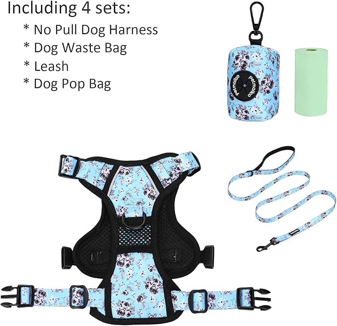 Petmolico No Pull Dog Harness Set with Leash Attachment Easy Control Handle Reflective Harness Vest Small Breed, Puppy Vest and Leash Set with Poop Bag Holder, Small - White Rose