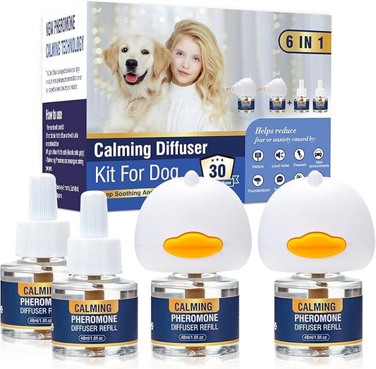 Dog Calming Pheromones Diffuser 6 in 1 Kit Appeasing Pheromone Diffuser to Calm (2 Plug in+4 x48ml Refill) for Anxiety Relief Reduce Aggression Fighting Barking Stress 120 Day Supply(Tasteless)