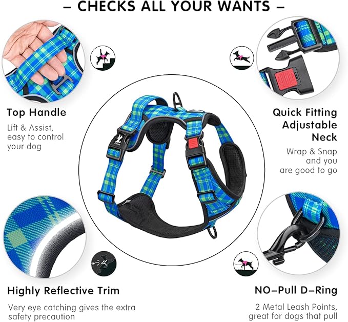 PoyPet No Pull Dog Harness, Reflective Adjustable No Choke Pet Vest with Front & Back 2 Leash Attachments, Soft Control Training Handle for Small Medium Large Dogs(Checkered Blue & Green,M)