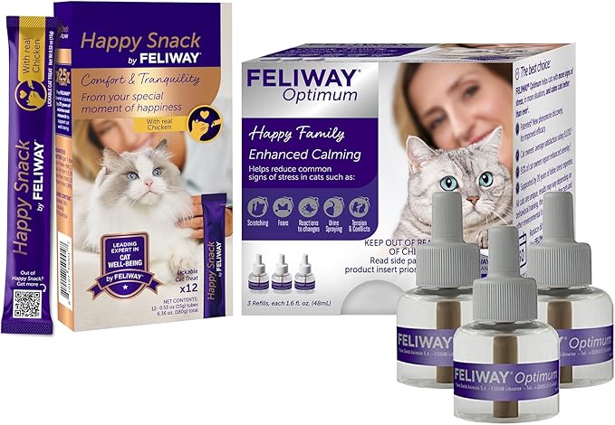 FELIWAY Optimum 3 x 30 Day Cat Calming Refills for Pheromone Diffuser & Happy Snack by FELIWAY Delicious Calming cat Treats (12-ct Chicken Flavor)