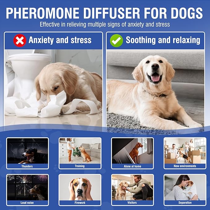 Dog Pheromone Calming Diffuser 4 In 1 Appeasing Pet Pheromones Diffuser to Calm Kit (Plug in+ 3 Pack 48ml Refill) for Anxiety Relief Reduce Barking Aggression Fighting Stress 90 Day Supply(Tasteless)