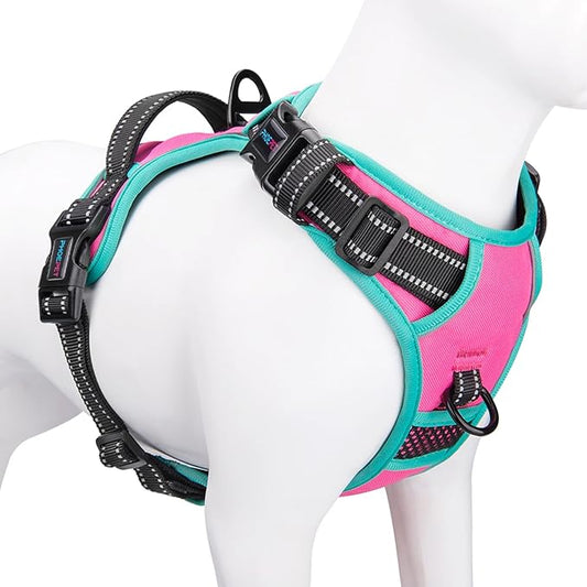 PHOEPET 2019 Upgraded No Pull Dog Harness, Reflective Adjustable Vest, with a Training Handle + 2 Metal Leash Hooks+ 3 Snap Buckles +4 Slide Buckles(S, Pink)