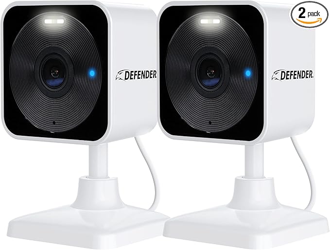 Defender GO 2K AI Powered Plug-in Indoor/Outdoor Home Business, Pet, Baby Camera, AI Detection, Dual Band Connection, Spotlight/Siren, Color Night Vision, 2-Way Talk, Works w/ClearVu App, 2 Pack