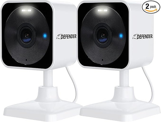 Defender GO 2K AI Powered Plug-in Indoor/Outdoor Home Business, Pet, Baby Camera, AI Detection, Dual Band Connection, Spotlight/Siren, Color Night Vision, 2-Way Talk, Works w/ClearVu App, 2 Pack