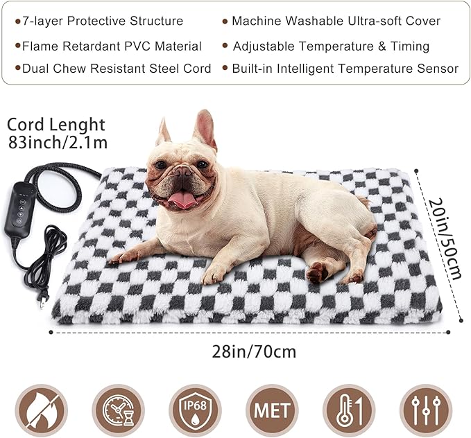 MIXJOY Heated Dog Bed, 11 Adjustable Temperature Dog Heating Pad Indoor with Timer, Pet Heated Mat for Dogs Cats, Electric Cat Heating Pad with Washable Cover, Heated Pet bed-28''x20'', Medium