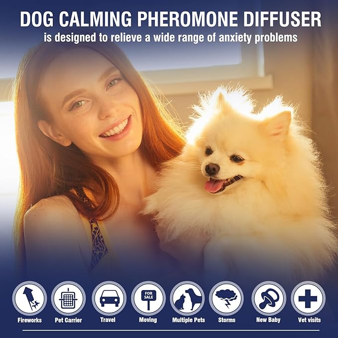Dog Calming Pheromones Diffuser 6 in 1 Kit Appeasing Pheromone Diffuser to Calm (2 Plug in+4 x48ml Refill) for Anxiety Relief Reduce Aggression Fighting Barking Stress 120 Day Supply(Tasteless)
