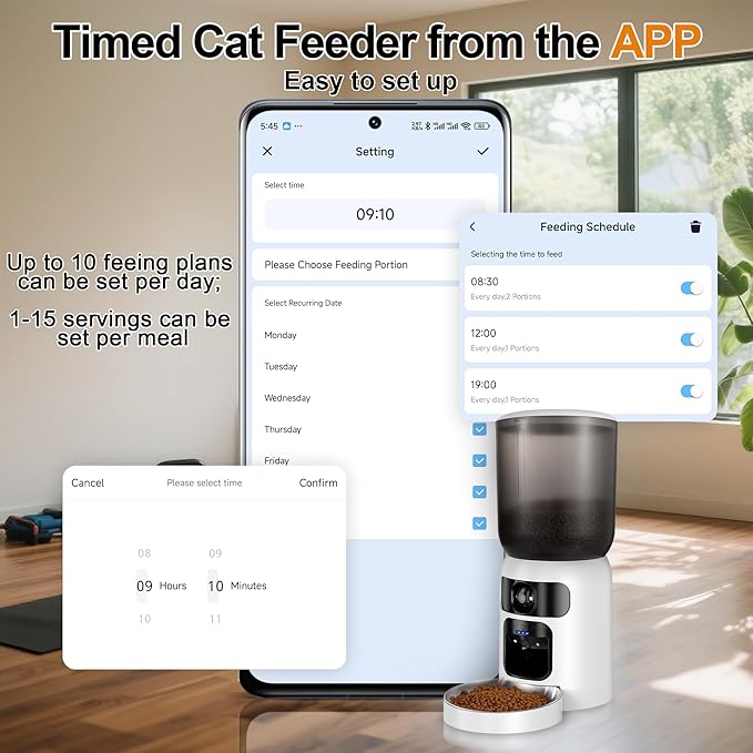 6L AI Automatic Cat Feeder with Dual Camera, 1080P HD Night Vision & Dual Power Supply, Easy Setup Timed Food Dispenser with Desiccant Bag for Cats & Dogs (White)