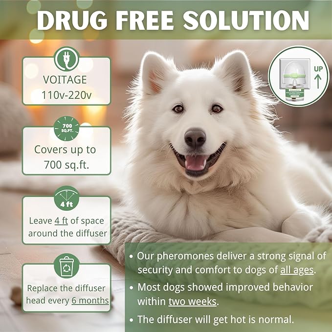 Dog Calming Pheromone Diffuser Kit, Pet Diffuser for Stress Support, Reduces Stress and Promotes Relaxed Behavior, 2 Plug-in & 4 Packs Refill, 120 Day Supply (Non-Toxic, Safe & Inedible), with Light