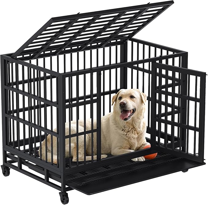 Shintenchi 38 inch Heavy Duty Crates for Large Dog, Indestructible and Escape-Proof Cage Kennel with Lockable Wheels, Double Door High Anxiety with Removable Tray, Black