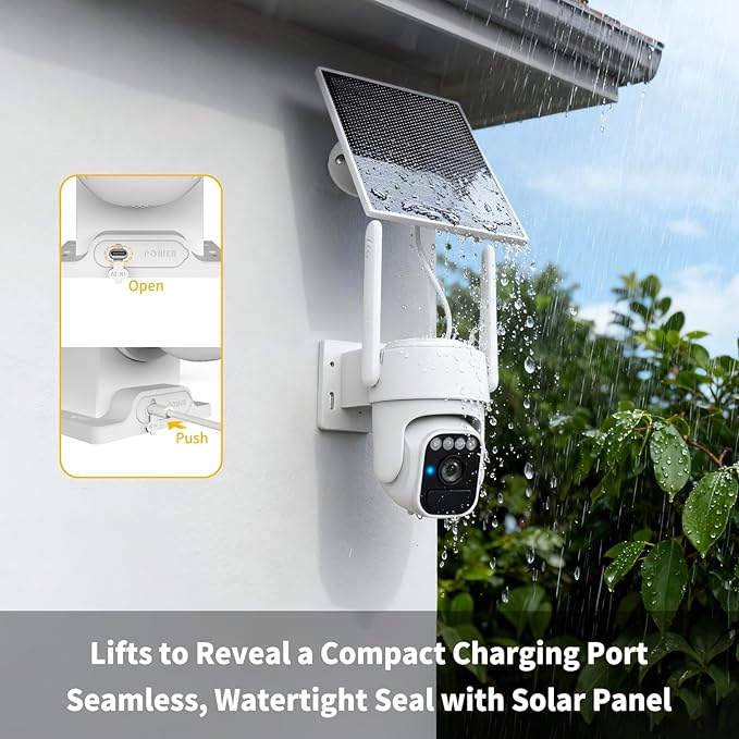 Solar Security Cameras Wireless Outdoor, 360°View, Color Night Vision, SD/Cloud Storage, Auto Tracking, 2-Way Talk, 2.4GHz WiFi, IP65 Waterproof