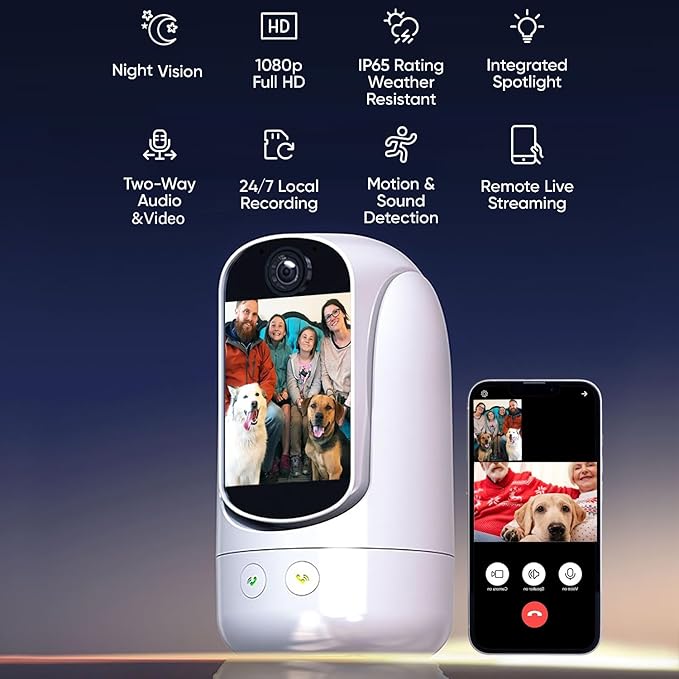 2-Way Video/Audio Security Camera Screen WiFi AI Detection Puppy/Pet/Cat/Elderly/Dog Monitor Wireless Facetime Cam Voice Phone APP Controlled Sound Video Calling Devices for Grandpa, White
