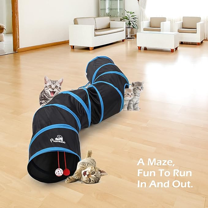 Pawaboo Cat Toys, Cat Tunnel Tube S-Shaped Tunnels 25x97cm Extensible Collapsible Cats Play Tent Interactive Toy Maze Cats House with Balls and Bells for Kitten Kitty Rabbit Small Animal, Blue