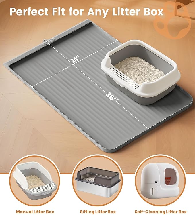 Cat Litter Mat 36x24 Inch, Silicone Litter Box Mat with Raised Edge and Diversion Groove, Waterproof Litter Trapping Mat, Easy to Clean Cat Mat for Litter Box, Grey