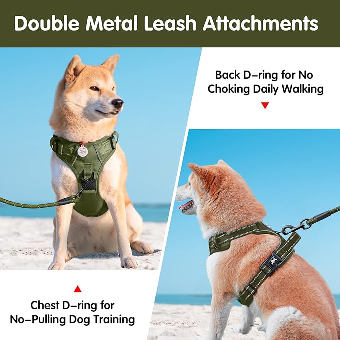 PoyPet No Pull Dog Harness and 5 Feet Leash Set, Release on Neck Reflective Adjustable Pet Vest, Front & Back 2 D-Ring and Soft Padded Pet Harness with Handle for Small to Large Dogs(Military Green,L)