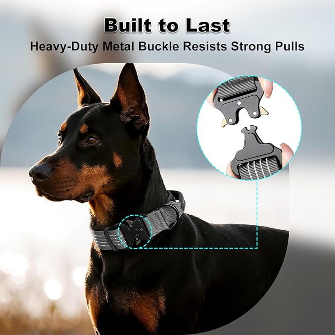 Plutus Pet Tactical Dog Collar with Tracker Packet for AirTag, Adjustable Reflective Nylon Collar, Metal Buckle, Leather-Wrapped Handle, Soft Padded for Medium Large Dogs (Gray, L)