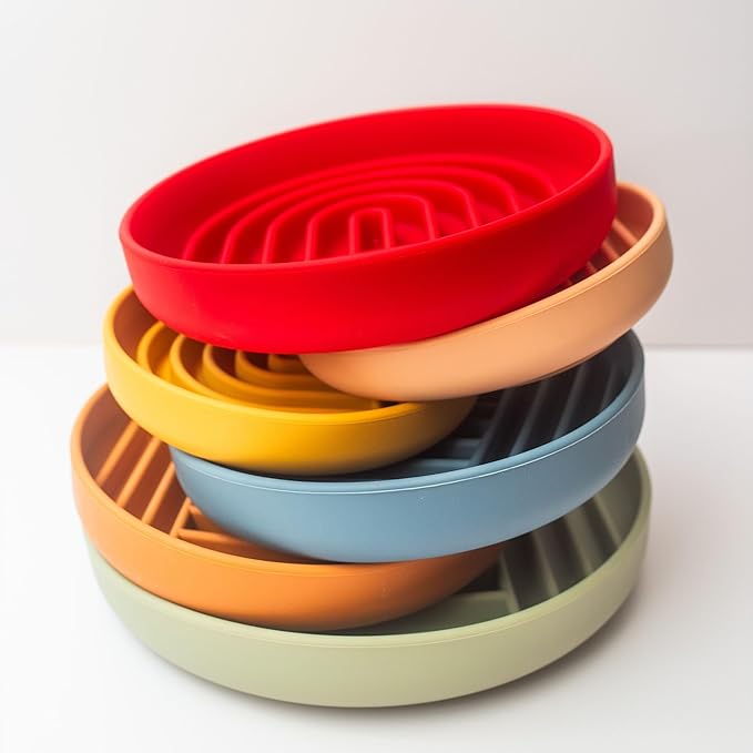 Should We Go? Slow Feeder for Dogs & Puppies, The Slowdown Bowl Silicone Slow Eating, Modern Lick Mat Design, Reduces Gulping, Fits 2 Cups, 7.5” Across x 1.5” Tall, Mealtime Challenge, Medium-Cherry