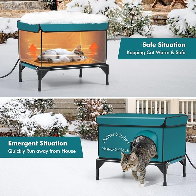 Heated Cat House for Outside Cat in Winter, Insulated Outdoor Feral Cat Shelter with Cat Heating Pad, 2 Doors,Elevated Waterproof Heated Kitty House (Blue, 21.5"x16.5"x18")