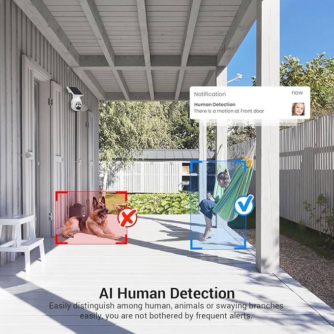 1080p Security Camera with Solar Panel, Smart AI Motion Detection, Night Vision, 2-Way Talk, IP65, Cloud Storage (Sold Separately), Indoor/Outdoor Surveillance Bullet Cam, 2.4GHz WiFi Only