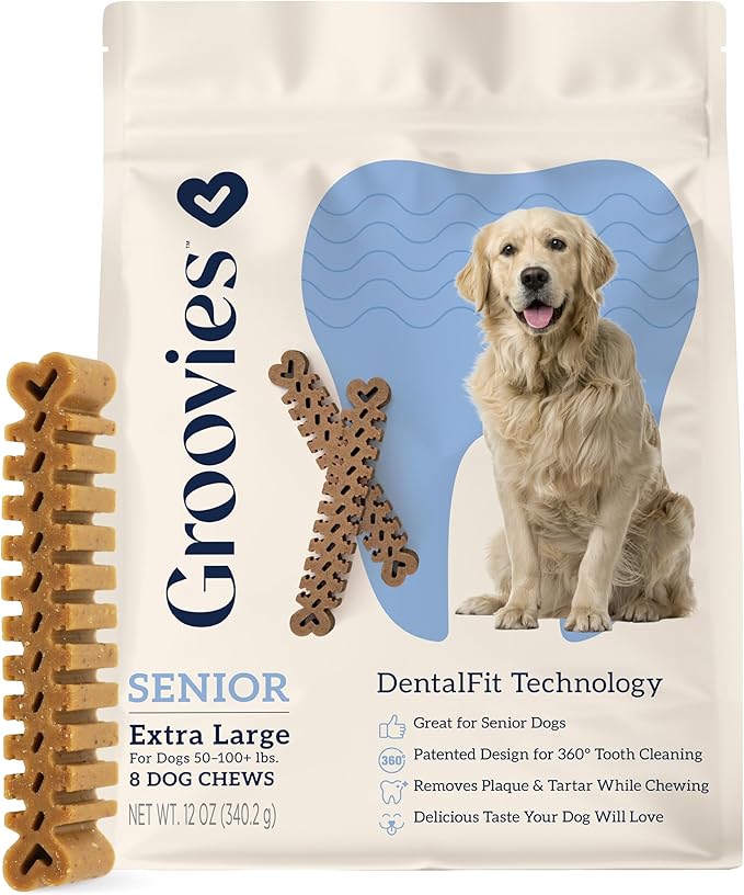 Groovies Slightly Softer, Yet Flexible Dental Chew for Senior Dogs & Delicate Chewers. Powered by USA-Patented DentalFit Tech. No Added Gluten, No Artificial Flavors or Colors. 12oz XLarge (8Chews)