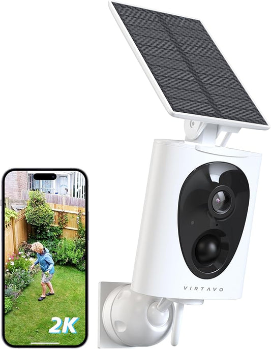 virtavo SolarFlask 2K Solar Security Cameras Wireless Outdoor, Starlight Lens, Color Night Vision, PIR Motion Detection, Battery-Powered, 2-Way Audio, Weatherproof, Cloud/SD Storage, 2.4GHz WiFi