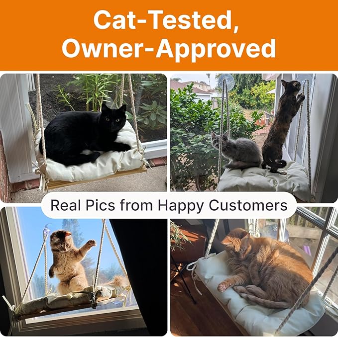 Cat Window Perch with Industrial-Grade Suction Cups - Solid Pine Wood Hammock Bed, Soft Cushion - 42 lb Capacity for Cats Inside