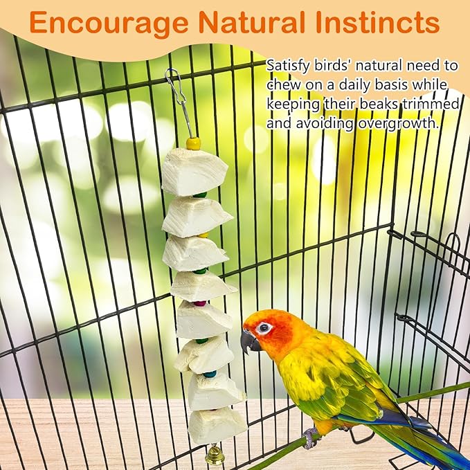 3 Pack Bird Chewing Toy Cuttlebone Parrot Toy with Bell Hanging Bird Beak Grinding Stone Parakeet Cage Accessories for Small & Medium Budgies Lovebirds Cockatiels (Block, 8 Per Skewer)