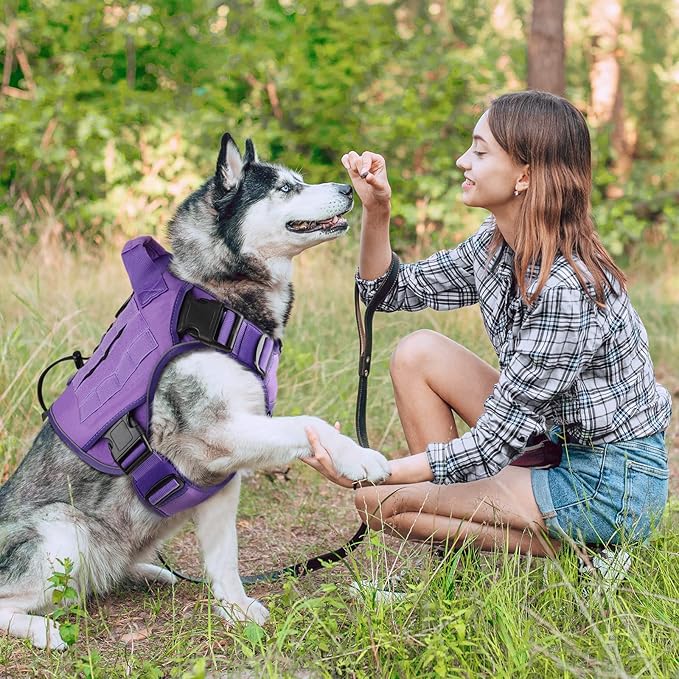 WINGOIN Purple Tactical Dog Harness with Handle Tactical Dog Harness for Large Dogs No Pull Adjustable Pet Harness Reflective K9 Military Service Dog Vest for Walking Hiking Training (L)