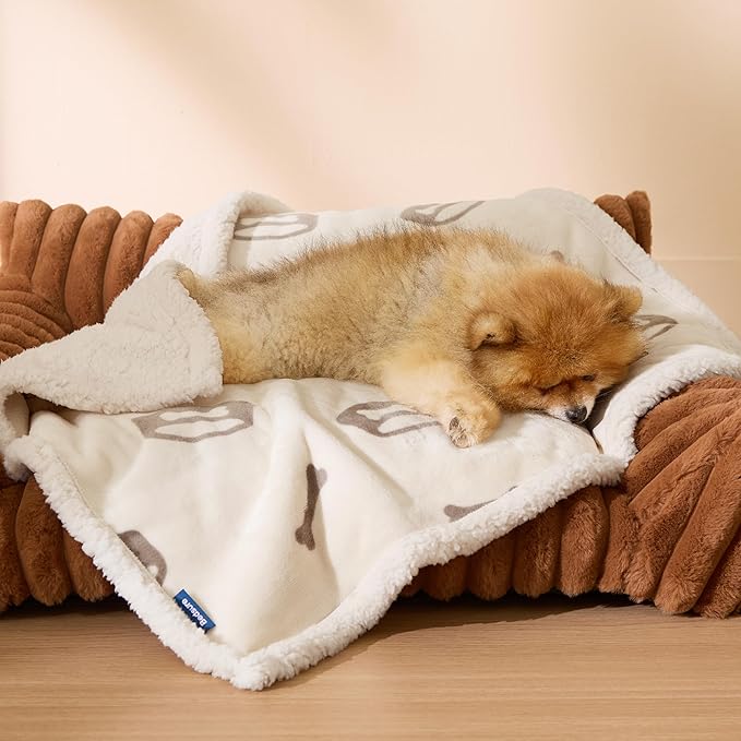 Bedsure Waterproof Dog Blankets for Small Dogs - Soft Print Sherpa Fleece Puppy Cat Blanket Washable, Cozy Plush Reversible Throw Furniture Protector for Pet Kitten Doggy, 25"X35", Beige