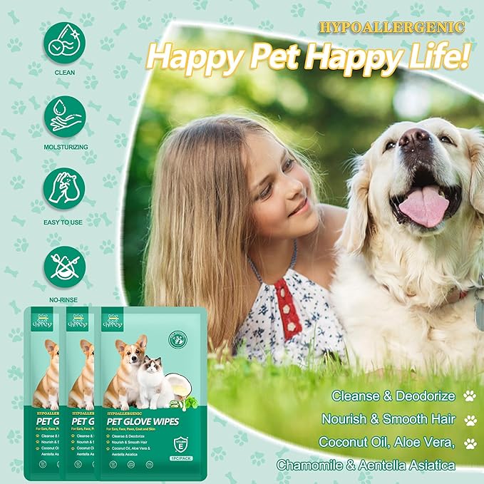 20 PCS Pet Cleaning and Deodorizing Bathing Grooming Glove Wipes for Dogs and Cats, Extra Thick Nourish Fur No-Rinse Grooming Wipes for Daily Care and Travel, Hypoallergenic