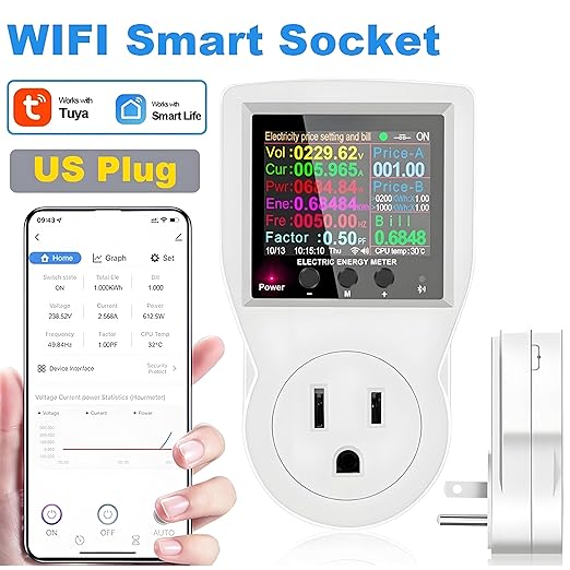 WiFi Smart Plug with Energy Monitoring Electricity Usage Monitor with LCD Display Smart Metering Socket for Home Appliances AC85‑265V US Plug 16A Maximum Current 3680W