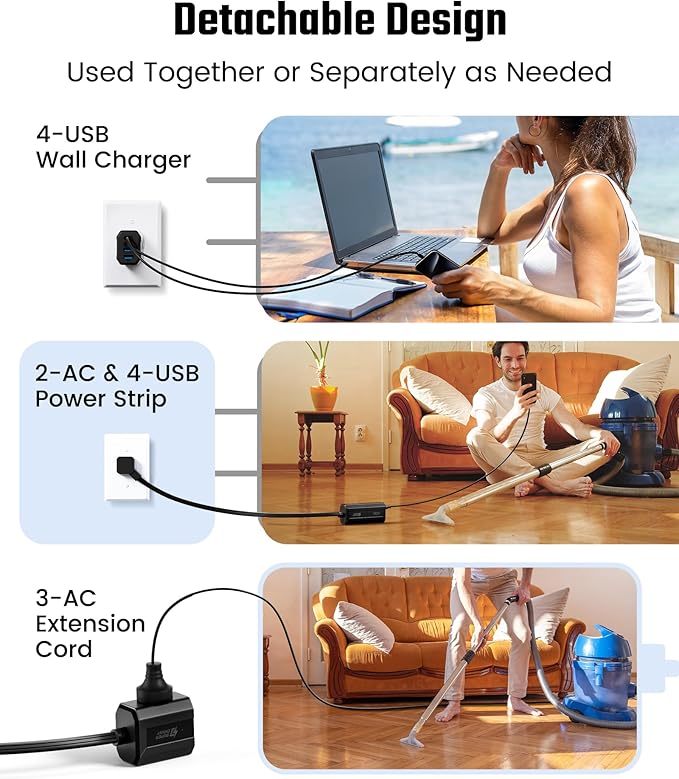 SUPERDANNY Detachable Power Strip, 45W USB-C & USB-A Fast Charge with 3 Outlets, 5ft Flat Plug Extension Cord, Portable for Cruise, Home, Black