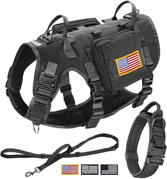 Forestpaw Tactical Dog Harness for Large Dogs,Tactical Dog Collar with Bungee Leash Set,No Pull Military Dog Harness for Walking Training,Adjustable for Medium Large Dogs,Black,Chest 19.5-41.5"