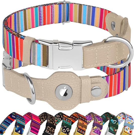 AirTag Dog Collar for Small Medium Large Breed - Adjustable Cute Pattern Dog Collar with Airtag Holder - Soft Leather Tracker GPS Apple Air Tag Pet Collars (Large, 17"-21" Neck Fit, Serape)
