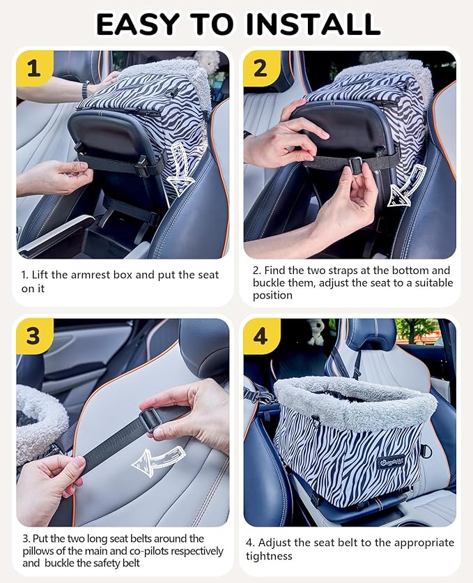 Center Console Dog Car Seat, Puppy Carseat for Small Dogs, Cat Car Seat with Metal Frame and Double Protection Seat Belts, Pet Booster Seat with Washable Cushion and Clip-on Leash Cute Zebra Print