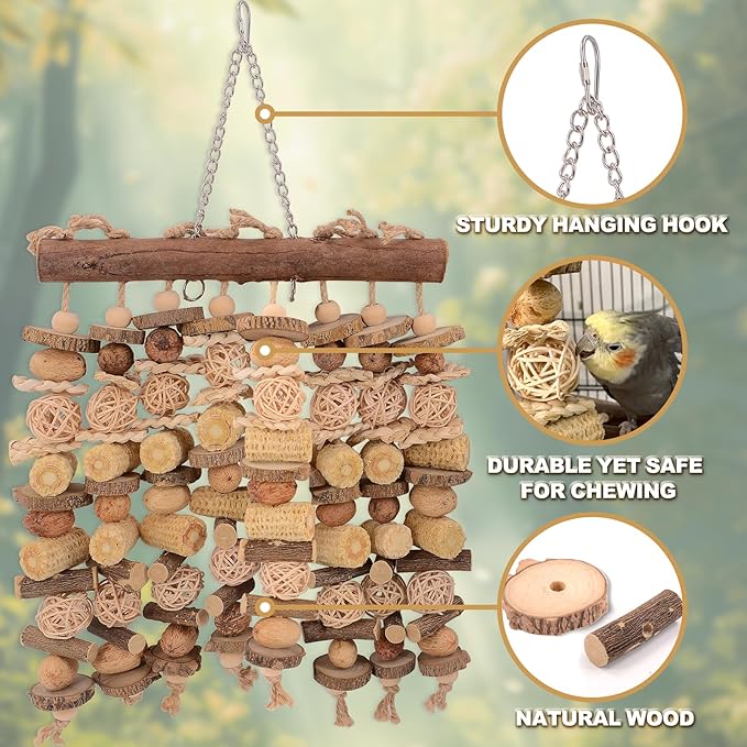 Extra Large Bird Macaw Chew Toys for Pets - Natural Wood - Heavy Duty Foraging and Destructive Play for Large Parrots - Bird Cage Accessories - for Macaw, Cockatoo, African Grey, Amazon Parrots