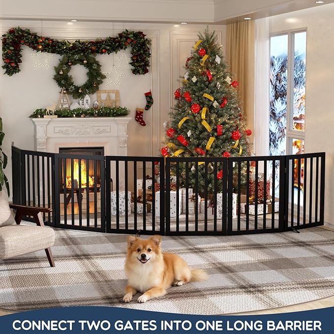 Homykic Bamboo Freestanding Dog Gate, No Assembly Pet Gate Indoor, 24”H x 75”W Extra Wide Foldable Puppy Barrier Fence with Support Feet for The House, Doorways Stairs, 4 Panels, No Drilling, Black