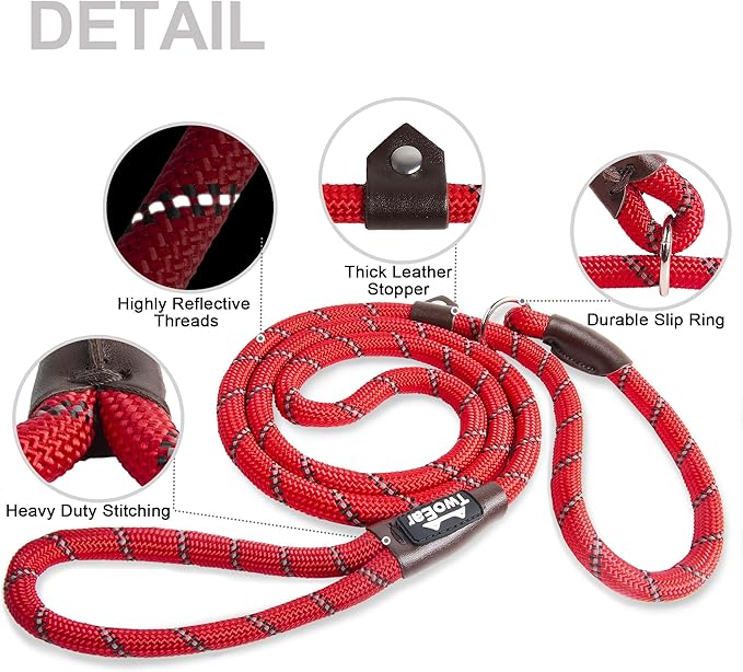 TwoEar Slip Leads for Dogs, 1/2" x 6FT Slip Leash for Large Dogs with Highly Reflective Threads, Comfortable Strong Rope Slip Leads, No Pull Pet Training Leash, Red